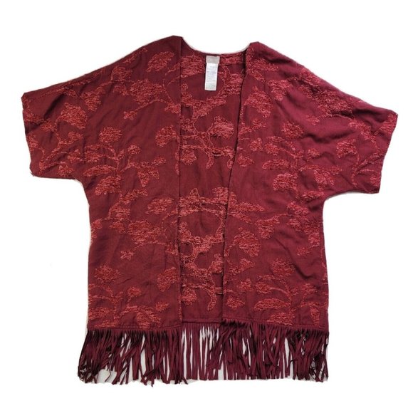 Chico's Women S/M Burgundy Leaf Jacquard Open Front Sweater Fringe Boho Festival - Picture 1 of 9